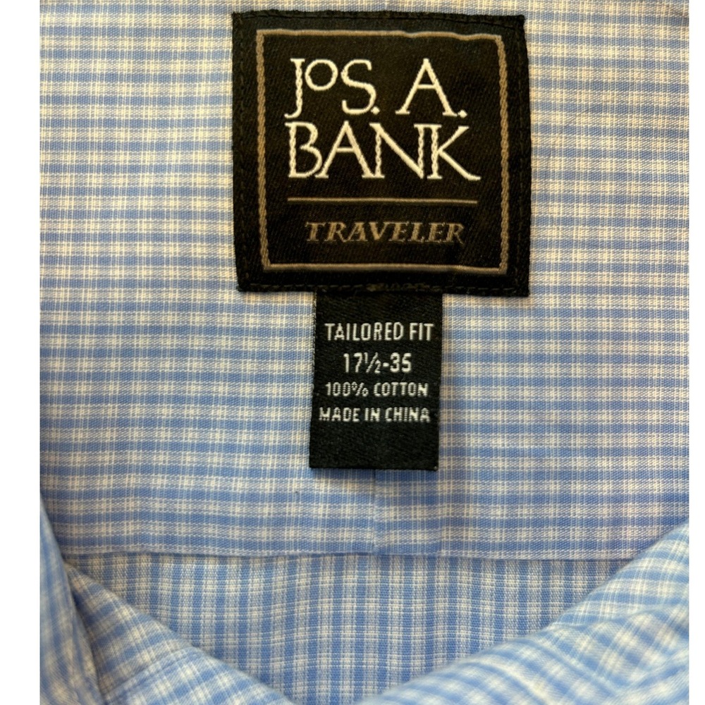 Jos A Bank Traveler Dress Shirt Mens 17.5/35 Blue Gingham Tailored Fit Cotton